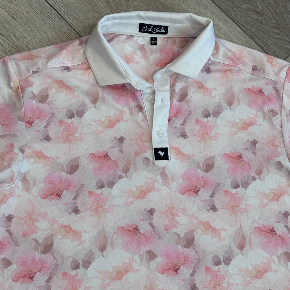 Bad Birdie Golf Polo Mens Large Pink Floral Performance Stretch Preppy Casual